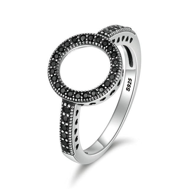 BAMOER 100% Genuine 925 Sterling Silver Forever Clear Black CZ Circle Round Finger Rings for Women Jewelry Christmas Gift SCR041
