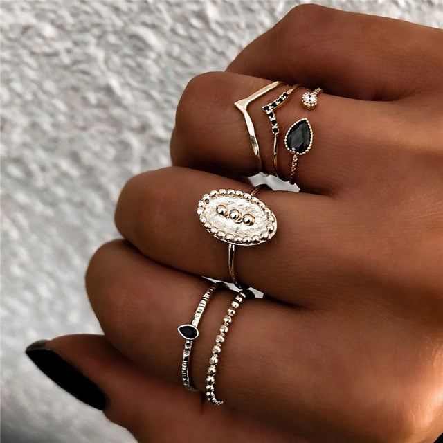 Yobest Bohemian Vintage Gold Crescent Geometric Joint Ring Set for Women Crystal Personality Design Ring Set Party Jewelry Gift