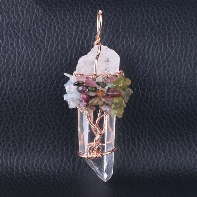 SEDmart 7Chakra Ainbow Natural Stone Copper Wire Pendant Necklace for Women Men Long Chain  Tree of Life Statement Jewelry Gift