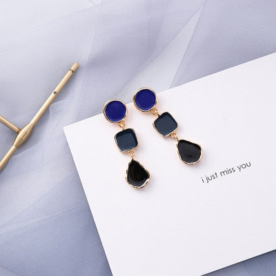 AOMU Korean Blue Geometric Acrylic Irregular Hollow Circle Square Dangle Drop Earrings for Women Metal Bump Party Beach Jewelry