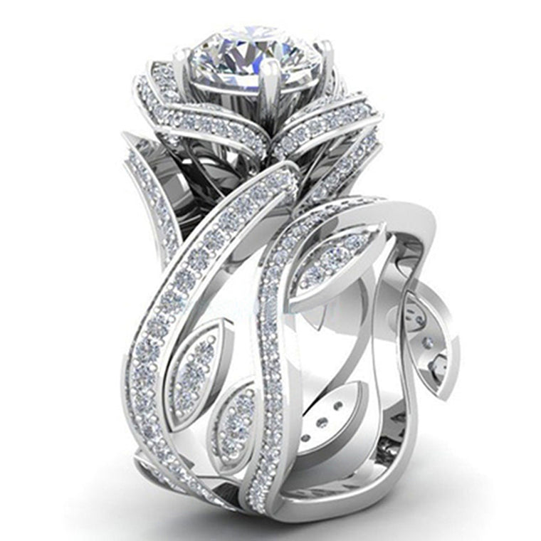 Trendy Temperament Women's Luxury White Zircon Hollow Rose Flower Wedding Party Nightclub Finger Ring Size 6-10 Christmas gift