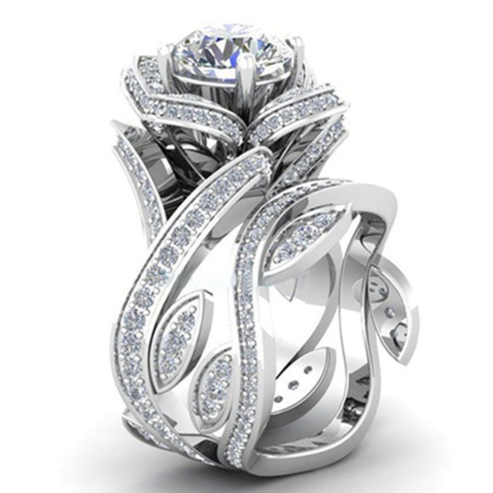 Trendy Temperament Women's Luxury White Zircon Hollow Rose Flower Wedding Party Nightclub Finger Ring Size 6-10 Christmas gift