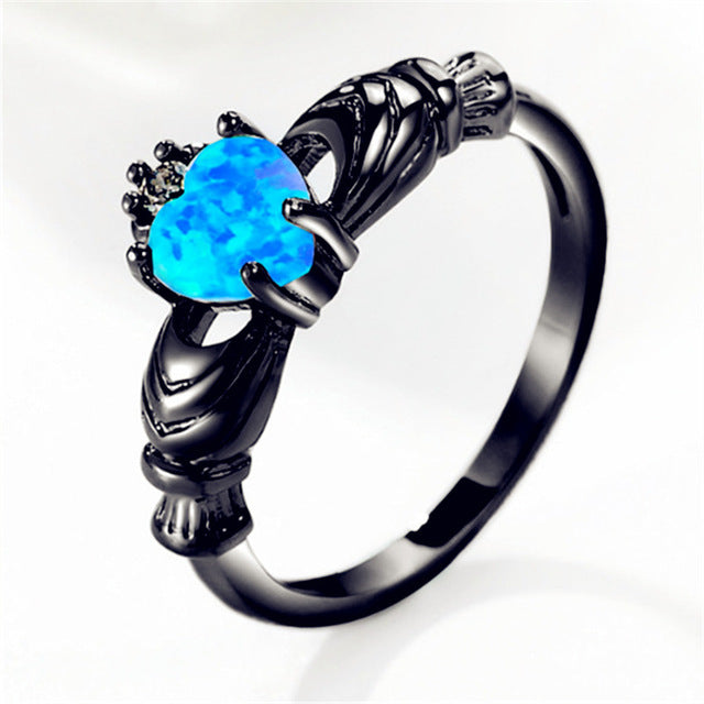 New Trendy Black Gun Color Love Heart Charm Finger Ring For Women Blue Black Crystal Wedding Ring Valentine's Day Gift