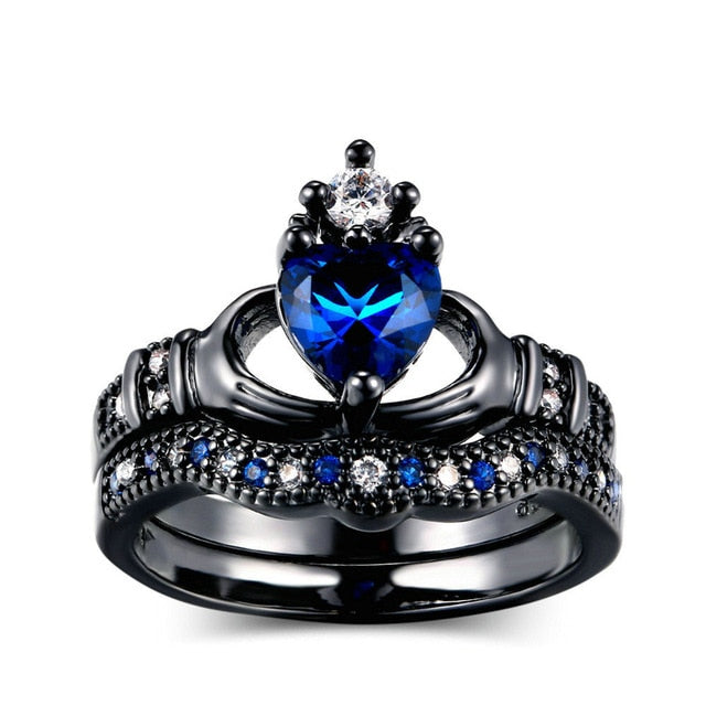 New Trendy Black Gun Color Love Heart Charm Finger Ring For Women Blue Black Crystal Wedding Ring Valentine's Day Gift