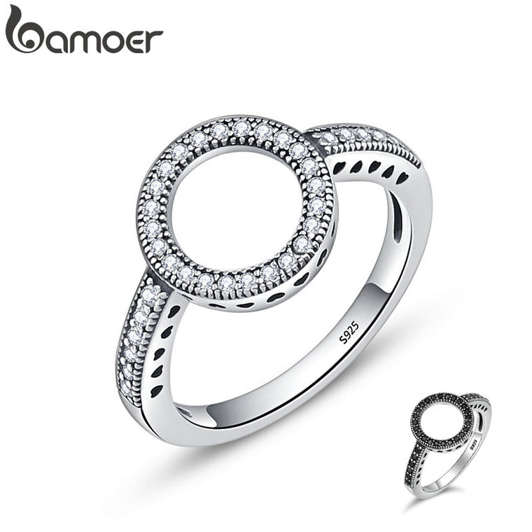 BAMOER 100% Genuine 925 Sterling Silver Forever Clear Black CZ Circle Round Finger Rings for Women Jewelry Christmas Gift SCR041