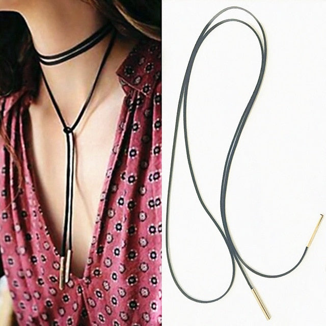 x18 Fashion Jewelry Black Leather Choker Necklace Long Tassel Gold Color Pendant Necklace For Women Punk Style Wholesale Selling
